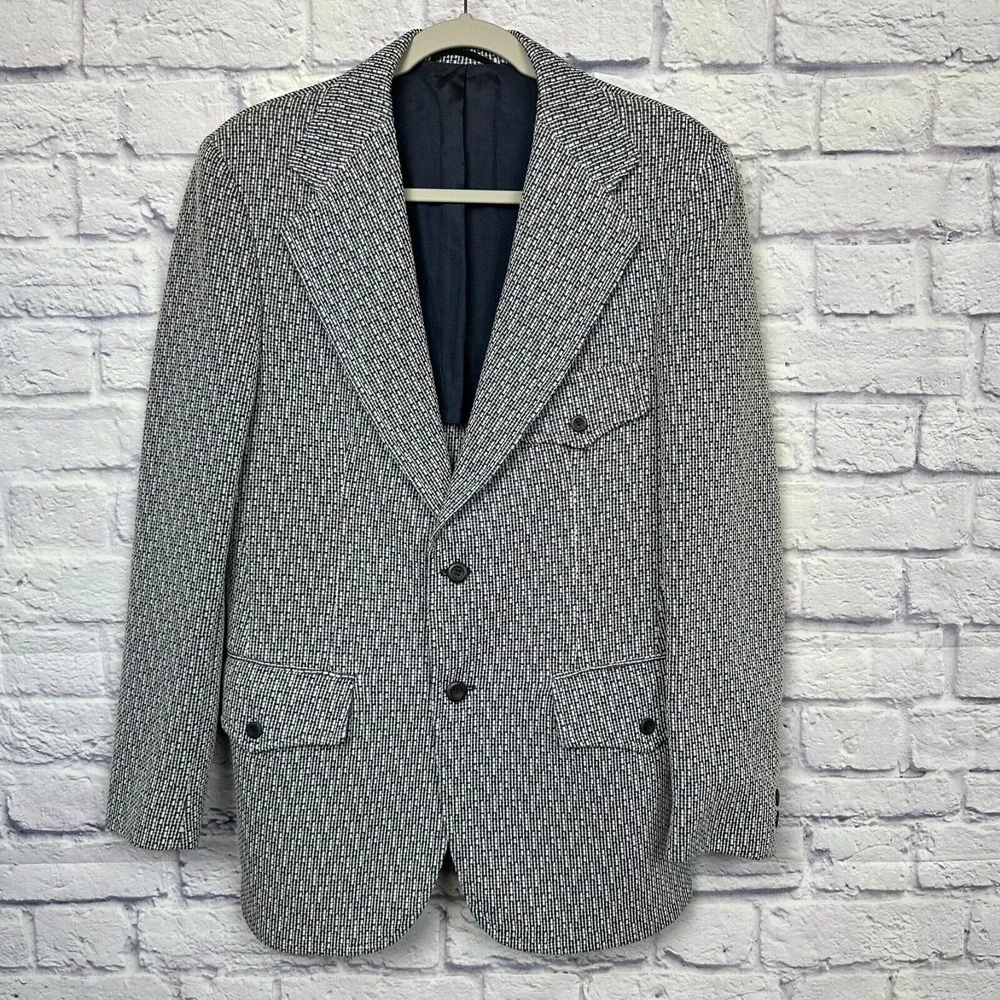 VTG 70s Pennys Towncraft Blazer 36R Blue Tweed Leisure Jacket Coat Disco Western
